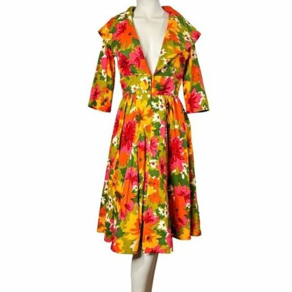 TRASHY DIVA Sz 4 Kelly Cutaway Coat Dress Mod 1960s Dayglow Floral Print 60s - Picture 6 of 7